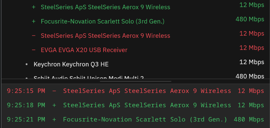 USB device connection events are shown in the log, and device tree.